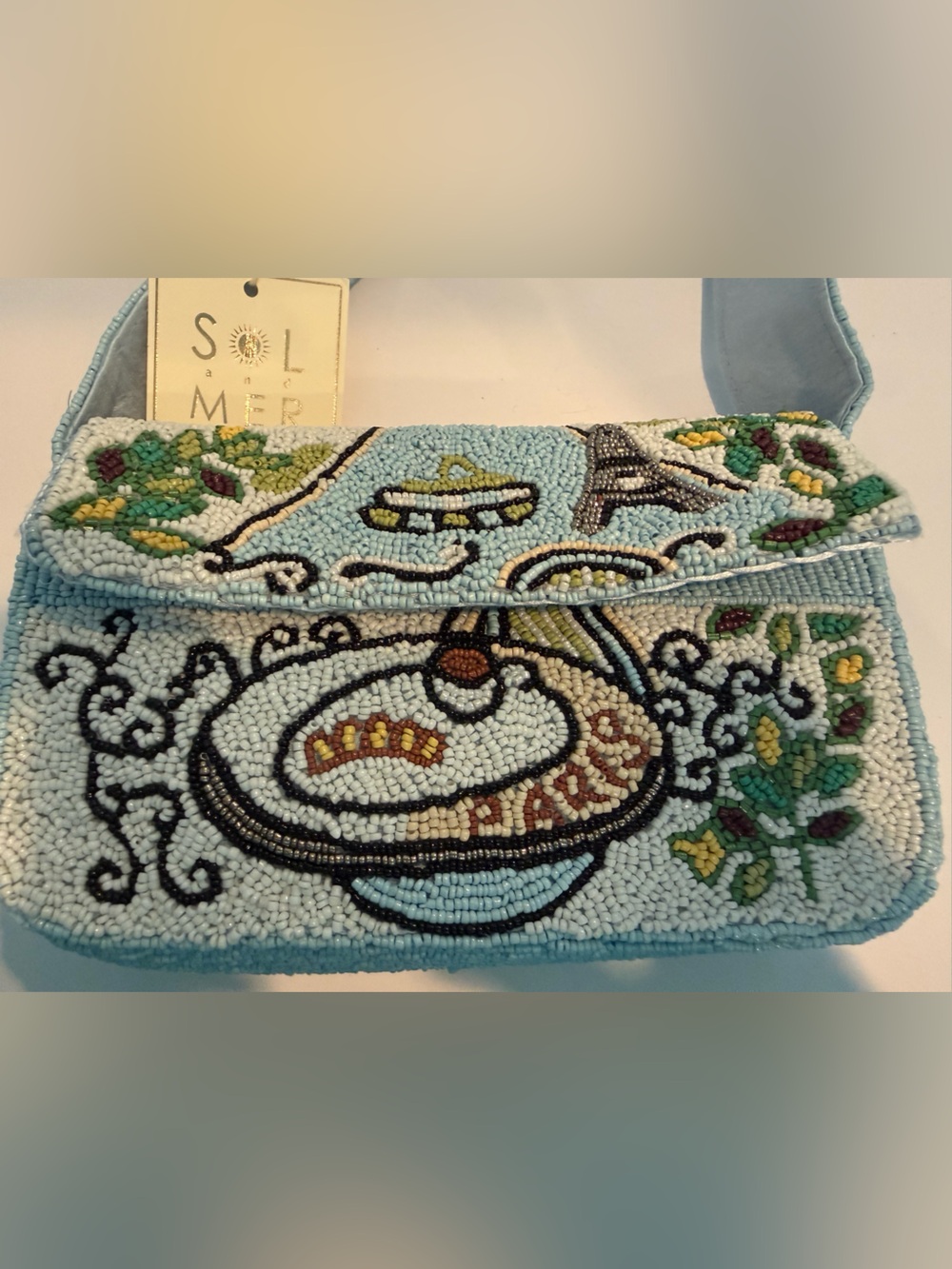 * VIRAL Light Blue PARIS Themed Beaded Bag with Cream, Black & Green Accents